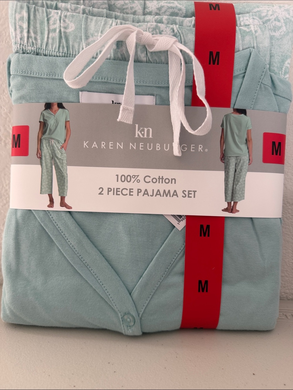 Karen Neuburger Adult green and white Two-Piece Cotton Pajama Set, available i